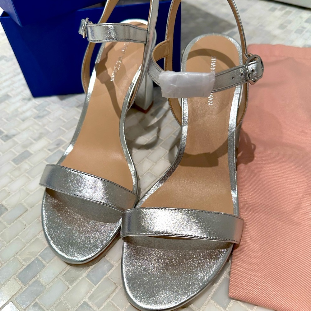NIB Stuart Weitzman Dancer 75 silver block heels